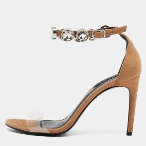 Alexander Wang Beige PVC and Suede Crystals Embellished Ankle Strap Sandals Size 38.5