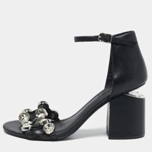 Alexander Wang Black Leather Abby Crystals Ankle Strap Sandals Size 37