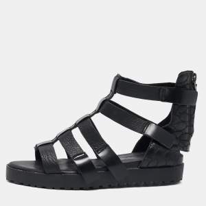 Alexander Wang Black Croc Embossed Leather and Leather Ankle Strap Sandals Size 37