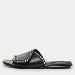 Pre Owned Alexander Wang Black Leather Leidy Studded Flat Slide Sandals Size 38