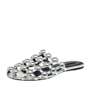 Alexander Wang Silver Leather Amelia Studded Flat Slides Size 39