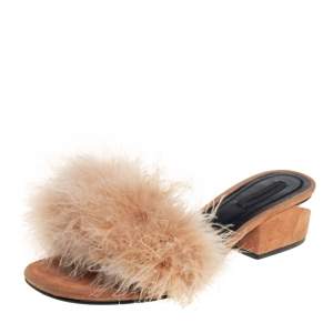Alexander Wang Beige Suede And Feather Slip On Sandals Size 37.5