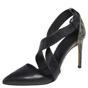 Alexander Wang Black /Green Python Embossed And Leather Lovisa Pointed Toe Ankle Sandals Size 37.5