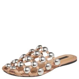 Alexander Wang Brown Leather Amelia Studded Flat Slides Size 37