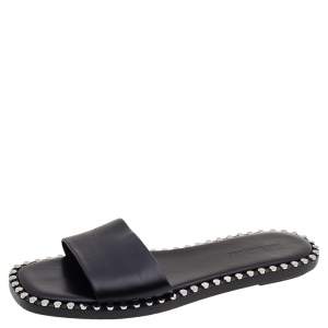 Alexander Wang Black Leather Studded Flat Slides Size 37.5