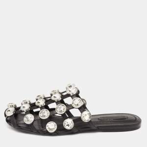 Alexander Wang Black Leather Amelia Crystal Studded Flat Slides Size 36