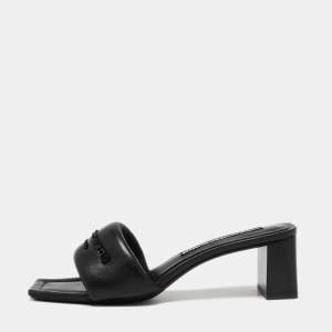Alexander Wang Black Leather Anya Logo Slide Sandals Size 39.5