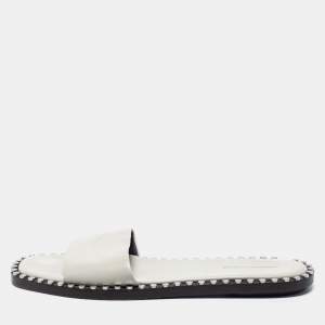 Alexander Wang Light Grey Leather Lola Studded Flat Slides Size 39