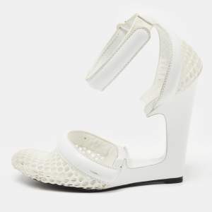 Alexander Wang White Leather and Fabric Ankle Wedge Ankle Strap Pumps Size 37