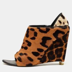 Alexander Wang Brown/Off White Leopard Print Calf Hair Alla Wedge Booties Size 39