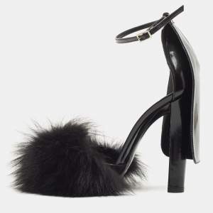 Alexander Wang Black Fur And Patent Ankle Strap Sandals Size 38.5