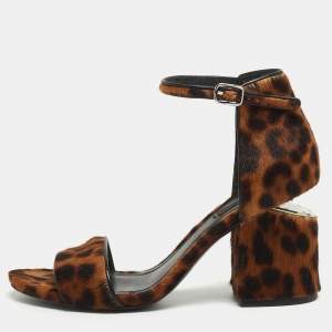 Alexander Wang Brown Leopard Print Calf Hair Block Heel Ankle Strap Sandals Size 37