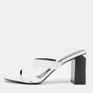 Alexander Wang White Croc Embossed Patent Leather Block Heel Slide Sandals Size 39