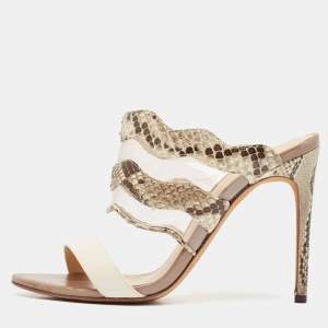 Alexandre Birman Beige/Brown Patent Leather And Python Open Toe Slide Sandals Size 37