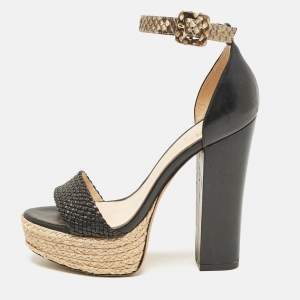 Alexandre Birman Black/Beige Leather and Python Leather Ankle Strap Sandals Size 36