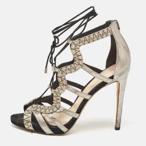 Alexandre Birman Metallic Python Embossed Leather Strappy Ankle Tie Sandals Size 38.5