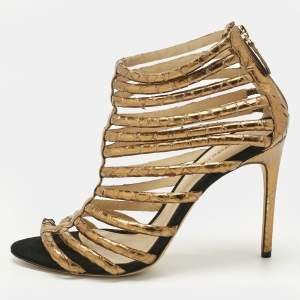 Pre Owned Alexandre Birman Gold Python Embossed Leather Caged Zipper Sandals Size 40