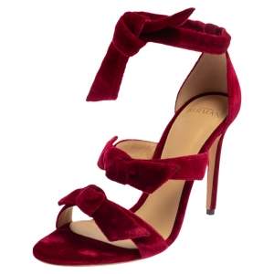 Alexandre Birman Red Velvet Gianna Three Bow Ankle Wrap Sandals Size 38