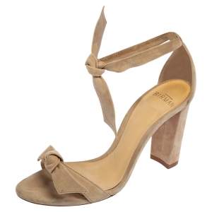 Alexandre Birman Beige Suede Clarita Bow Ankle Wrap Sandals Size 35