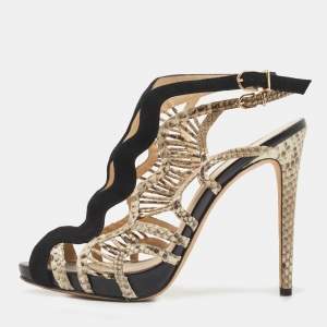 Alexandre Birman Black Suede and Python Leather Cut Out Slingback Sandals Size 40