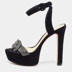 Alexandre Birman Black Nubuck Leather Crystal Embellished Platform Ankle Strap Sandals Size 37