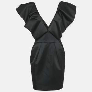 Pre Owned Alexandre Vauthier Black Satin Ruffled V-Neck Mini Dress M