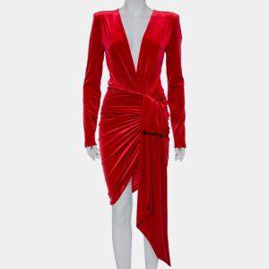 فستان اليكساندر فوتييه قصير رقبه واسعة ملتف قطيفة أحمر مقاس صغير (سمول)