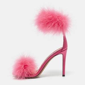 Alexandre Vauthier Pink Feather and Satin Veronica Ankle Strap Sandals Size 37
