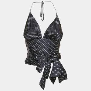 Alexandre Vauthier Navy Blue Polka Dots Satin Wrap Crop Top S
