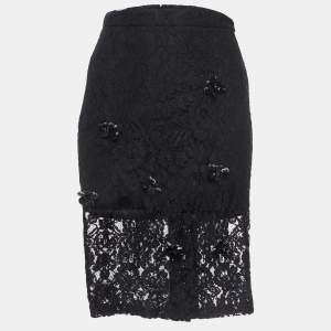 Alexis Black Brooch Embellished Lace Pencil Skirt M