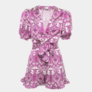 Alexis Purple Printed Satin Knotted Romper Jumpsuit XS