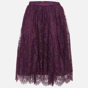 Alice + Olivia Purple Floral Pattern Lace Scallop Hem Midi Skirt M
