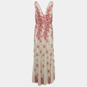 Alice + Olivia Beige/Red Floral Embroidery Lace V-Neck Sleeveless Maxi Dress L