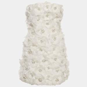 Alice + Olivia White Embellished Floral Applique Nylon Feather Detail Strapless Mini Dress S