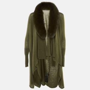 Pre Owned Alice + Olivia Olive Green Wool Detachable Fur Open Front Cardigan XS