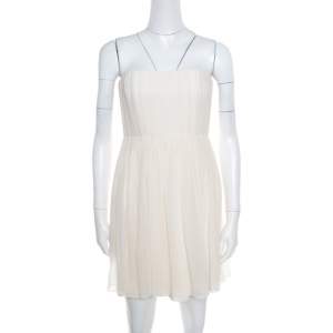 Pre Owned Alice + Olivia Cream Crepe Silk Pleated Bodice Strapless Skater Dress S