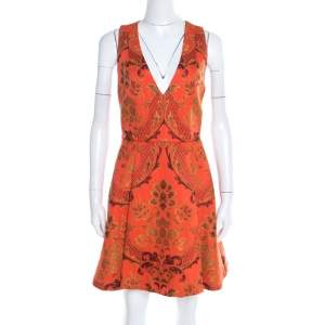 Pre Owned Alice + Olivia Orange Brocade Racer Back Fit and Flare Mollie Dress M