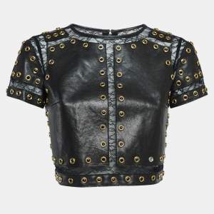 Alice + Olivia Black Lace Trim Leather Studded Crop Top XS