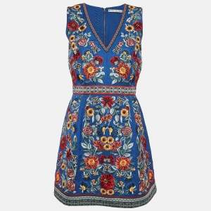 Alice + Olivia Blue Floral Beaded Embroidery Crepe Mini Dress M
