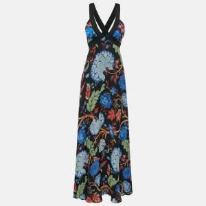 Alice + Olivia Black/Multicolor Floral Print Silk Maxi Dress M