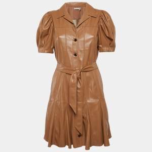 Alice + Olivia Brown Faux Leather Button Front Belted Mini Dress M