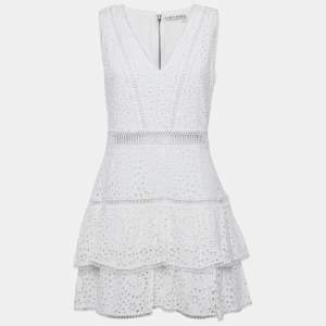Alice + Olivia White Broderie Anglaise Modal Tiered Mini Dress L