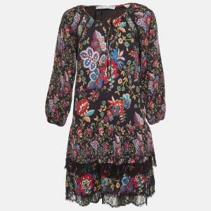 Alice + Olivia Black Floral Print Crepe & Lace Tiered Dress M