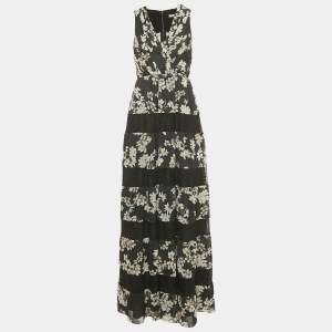 Alice + Olivia Black Floral Print Crepe Lace Detail Tiered Maxi Dress S