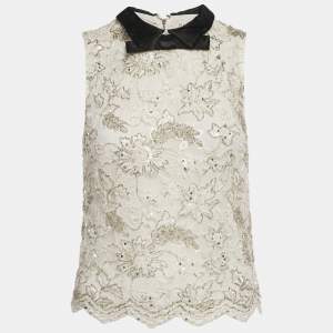 Alice + Olivia White Embellished Lace Sleeveless Top M