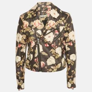 Alice + Olivia Black Floral Print Leather Zip-Up Biker Jacket M