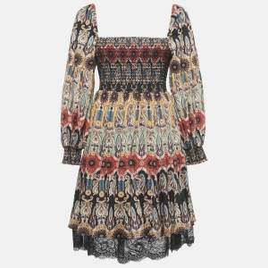 مملوكة مسبقًا Alice + Olivia Multicolor Printed Crepe & Lace Detail Julissa Smocked Mini Dress S 