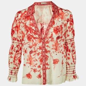 Pre Owned Alice + Olivia Red Printed Cotton & Silk Button Front Blouse M