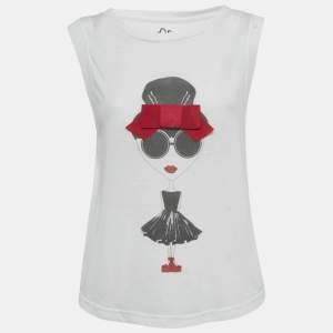 مملوكة مسبقًا Alice + Olivia White Stace Face Print Bow Detailed Crepe T-Shirt M/L 