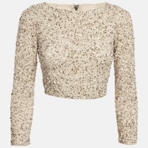 Pre Owned Alice + Olivia Beige Embellished Mesh Zip -Up Crop Top S